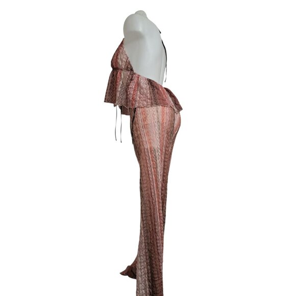 Forever 21 Womens Lace Sheer Halter Jumpsuit Pink Brown Boho Festival Lounge L - Picture 4 of 8